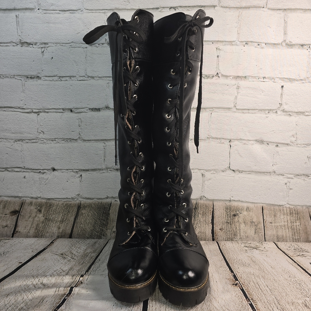 Black Lace-Up Knee-High Boots Soft Fur Lined Biker Goth Chunky Size Euro 38 Us 8 - Picture 6 of 15
